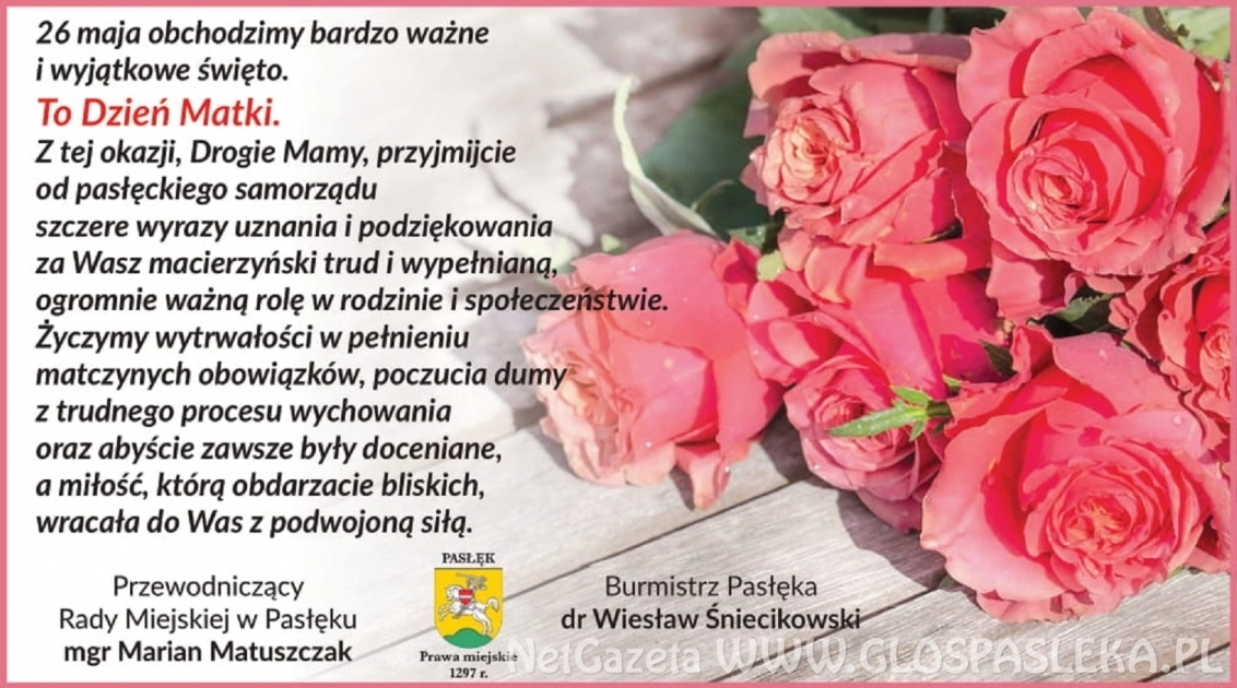 Życzenia Burmistrza Pasłęka z okazji Dnia Matki