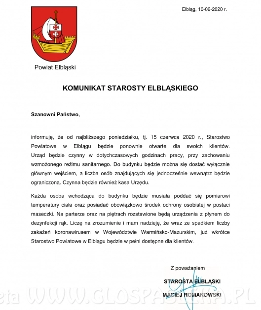 Komunikat Starosty Elbląskiego