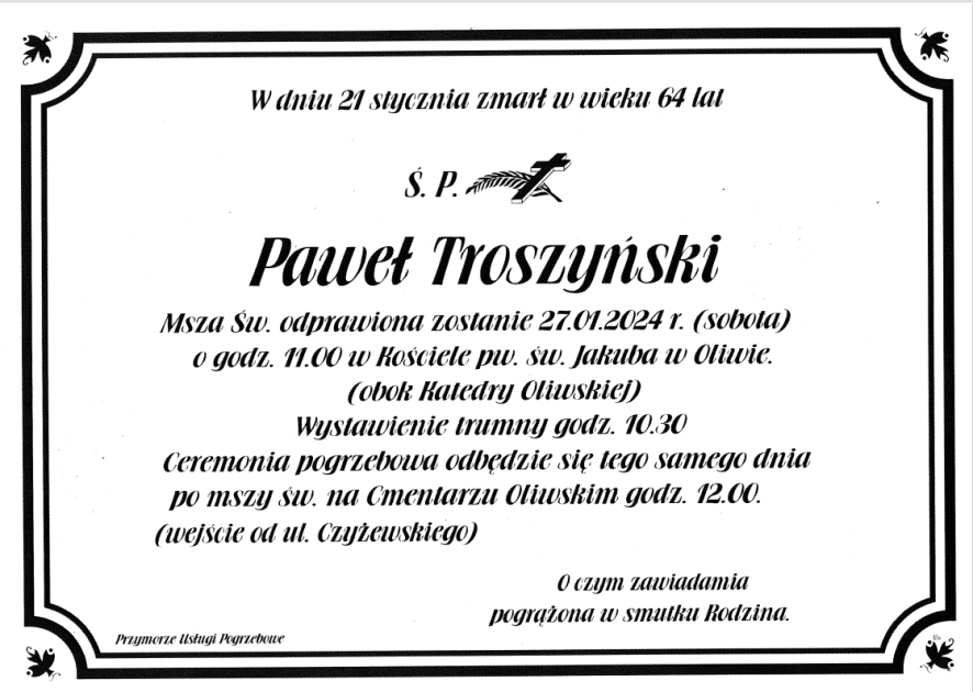 Informacja o uroczystościach pogrzebowych