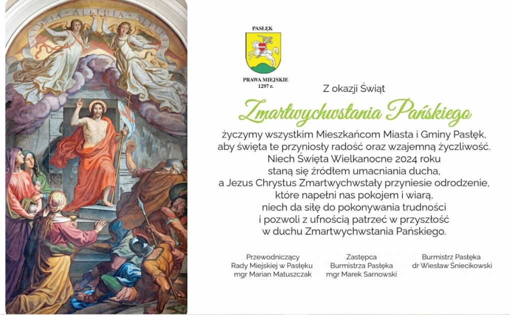Życzenia Wielkanocne dla mieszkańców Miasta i Gminy Pasłęk. 
