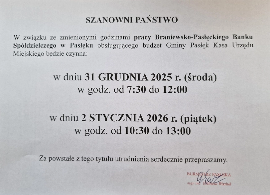 Kasa w Urzędzie Miejskim czynna inaczej