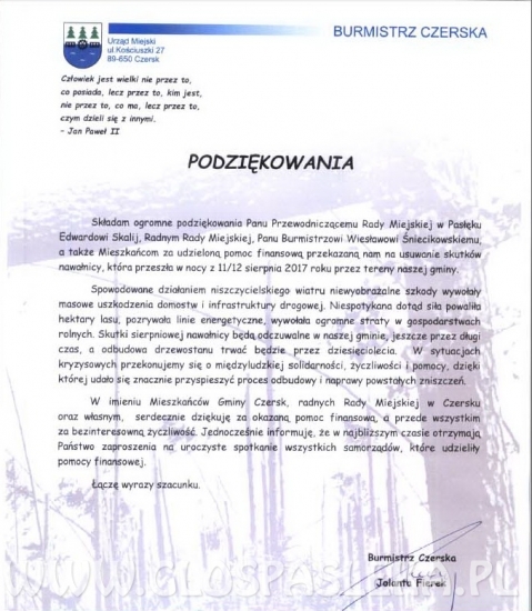Burmistrz Czerska dziękuje