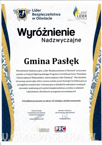 Gmina Pasłęk Samorządowym Liderem Edukacji i Bezpieczeństwa w Oświacie