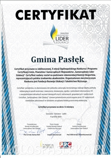 Gmina Pasłęk Samorządowym Liderem Edukacji i Bezpieczeństwa w Oświacie